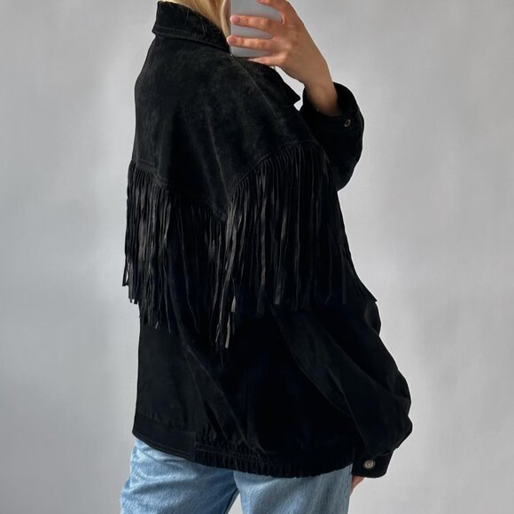 Women's Fringe Leather Jacket, Black Suede Leather Jacket - Picture 2 of 3